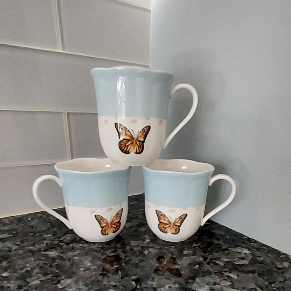 Lenox Butterfly Meadow Blue With Monarch Set of Three China Cups Mugs